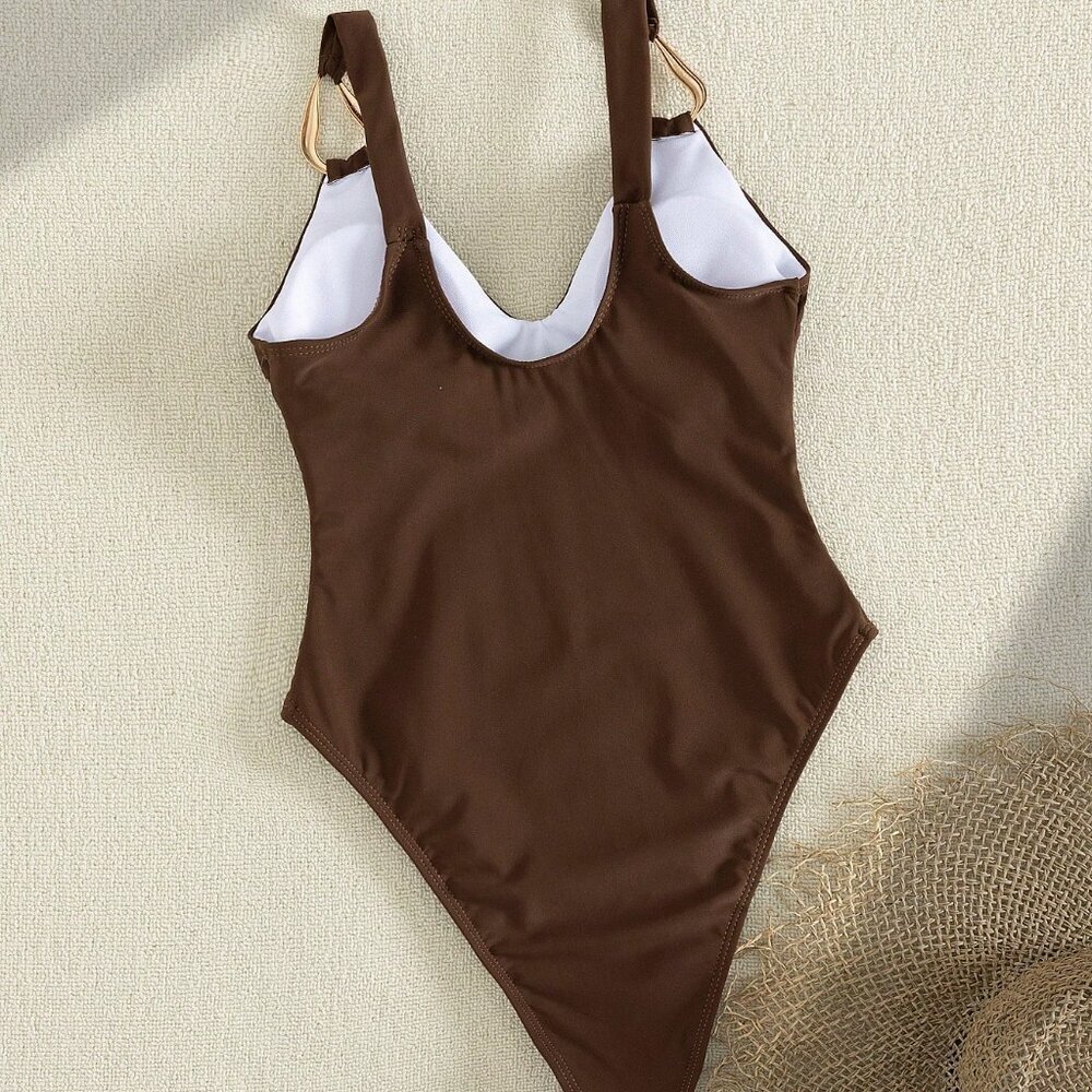 Brown Elegant Women's Sexy V-Neck One-Piece Swimsuit - Picture 3 of 5